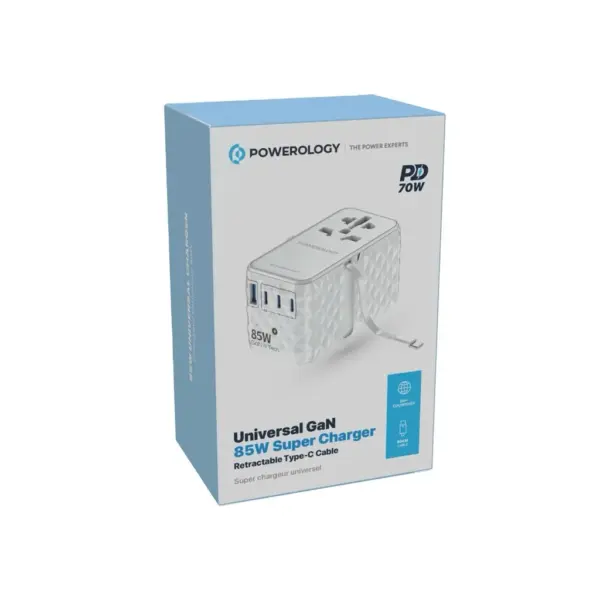 POWEROLOGY UNIVERSAL GAN 85W SUPER CHARGER RETRACTABLE TYPE-C CABLE PD 70W | WHITE